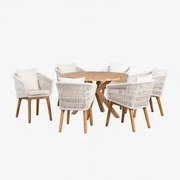 Set Van Ronde Tafel Ø120 Cm In Eucalyptus Hout Naele En 6 Eetkamerstoelen In Acaciahout Barker Gardenia Wit - Sklum