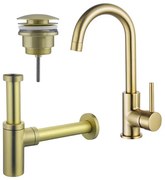 Fortifura Calvi Wastafelkraanset - hoge wastafelkraan - draaibare uitloop - klikwaste plug - design sifon - Geborsteld Messing PVD (Goud) SW809349/SW696202/SW696213