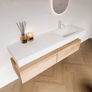Zaro Alan badmeubel 160cm washed oak 2 lades met vrijhangende wastafel cloud rechts 1 kraangat talc