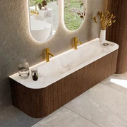 Mondiaz Kurve-dlux 170cm badmeubel ronding links/rechts walnut met 1 lade en 2 deuren en wastafel big large midden 2 kraangaten frappe