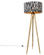 Vintage vloerlamp hout kap zebra dessin 50 cm - Tripod Classic Landelijk E27 rond Binnenverlichting Lamp