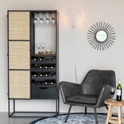 Hoge Wijnkast Zwart Met Rotan - 80x38x175cm.