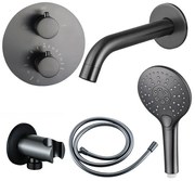 Fortifura Calvi Badkraan set - uitloop - 22cm inkortbaar - rond bedienigspaneel - gladde slang - ronde handdouche - inbouwdeel - wandhouder - geborsteld gunmetal PVD SW721165/SW766536/SW799451/SW1122514/SW1159495/SW1