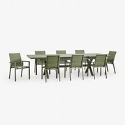 Rechthoekige Uitschuifbare Tafelset 240-300x100 Cm En 8 Stapelbare Tuinstoelen Met Armleuningen Van Aluminium Karena Groen – Intens Olijf - Sklum