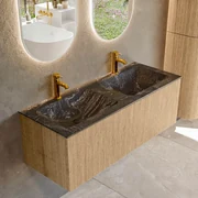 Mondiaz Kurve-dlux 120cm badmeubel oak met 1 lade en wastafel leaf dubbel 2 kraangaten lava