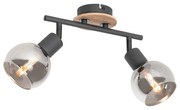 Plafondlamp zwart met smoke glas en hout 2-lichts - Vidro