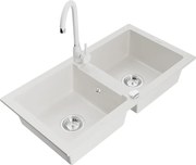 Mexen Mario granitische spoelbak met 2 kamers en Telma keukenkraan, wit - 6504-20-670200-20