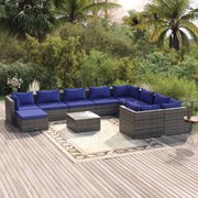 vidaXL 11-delige Loungeset met kussens poly rattan grijs