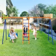 VEVOR Tuinschommelsets, 6-in-1 schommelset met 2 schommels, trapezestang, klimladder, klimnet en basketbalring, draagvermogen 200 kg, robuuste metalen buitenschommelset voor kinderen vanaf 3 jaar