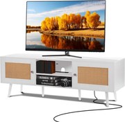 VEVOR Rotan TV-standaard voor 165 cm TV, Boho TV-standaard met rotan deur, TV-meubel met ingebouwde stopcontact en USB-poorten, Moderne TV-console voor Woonkamer, Mediaruimte, Wit