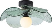 Design plafondlamp zwart met groen ribbel glas - Kemner