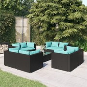 vidaXL 9-delige Loungeset met kussens poly rattan zwart