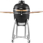 VEVOR Kamado Grill, keramische grill, rookoven Ø 450 mm, met houten handgrepen, zijplanken, metalen onderstel met wielen en thermometer tot 400 °C, luchtstroom van boven en onder, voor barbecueën, grillen, koken en bakken in de buitenlucht