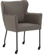 Goossens Excellent Eetkamerstoel Leogang grijs leer met armleuning en Zwart skater wiel met zwarte kapmet wielen, elegant chic