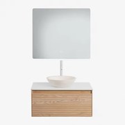 Tedrik Badkamermeubelset In Essenhout Ash Brown & Rond Cement Wit Ø40 Cm Zavion & Rechthoekige Led En Anticondens 80x70 Cm Gualar & Wit - Sklum