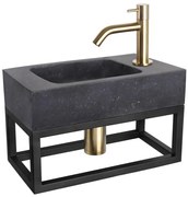 Differnz Bombai fonteinset - 40x22x9cm - Rechthoek - 1 kraangat - Gebogen matte goude kraan - met zwart frame - Natuursteen Zwart 38.401.54