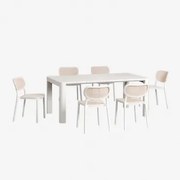Arnadine Rechthoekige Tafelset (180x100 Cm) En 6 Omara Stapelbare Tuinstoelen Gardenia Wit - Sklum