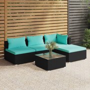 vidaXL 5-delige Loungeset met kussens poly rattan zwart