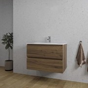 Adema Chaci Badkamermeubelset - 80x46x57cm - 1 ovale keramische wasbak wit - 1 kraangat - 2 lades - noten (hout) SW1212764/SW718717