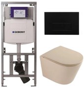 QeramiQ Dely Toiletset - 36.3x51.7cm - diepspoel - rimless - Geberit UP320 inbouwreservoir - softclose toilet zitting - kunstof mat zwarte bedieningsplaat - rechthoekige knoppen - mat beige SW1000764/SW1000770/0701131/SW706189