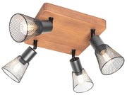 Industriële spot zwart met hout 4-lichts - Kristina