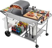 VEVOR Outdoor Grillwagen 925x595x25 mm (tafelbladformaat), verrijdbare grilltafel met 4 kruidenbakjes, wielen, deksels en haken, grillvoorbereidingstafel/serveerwagen voor picknick, keuken en tuin