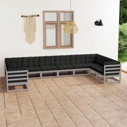 vidaXL 10-delige Loungeset met kussens massief grenenhout grijs