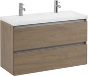 Saqu Gaia ondiep badmeubel incl. glans witte wastafel met 2 kraangaten 100x40x64cm toffee – aluminium greeplijst