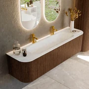 Mondiaz Kurve-dlux 170cm badmeubel ronding links/rechts walnut met 1 lade en 2 deuren en wastafel big large midden 2 kraangaten opalo