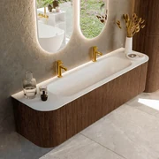 Mondiaz Kurve 170cm badmeubel ronding links/rechts walnut met 1 lade en 2 deuren en wastafel big large midden 2 kraangaten