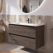 Saqu Gaia badmeubel incl. keramische wastafel 100x46x61cm kasteel bruin – zwarte greeplijst