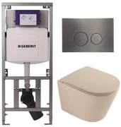 QeramiQ Dely Toiletset - 36.3x51.7cm - diepspoel - rimless - Geberit UP320 inbouwreservoir - softclose toilet zitting - gunmetal bedieningsplaat - ronde knoppen - mat beige SW1000764/SW1000770/0701131/SW706198