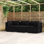 vidaXL Driezitsbank met kussens poly rattan zwart