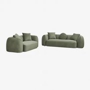 Woonkamerset Met 2-delige Modulaire Bank En Fauteuil In Chenille Coco Chenille Sage Green - Sklum