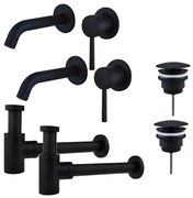 Fortifura Calvi Slim Wastafelkraanset - voor dubbele wastafel - inbouw wastafelkraan - always open plug - verlaagde design sifon - Mat zwart 2x SW377837/2x SW696205/2x SW696215