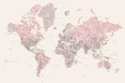 Kaart Detailed watercolor world map in dusty pink and cream, Madelia, Blursbyai
