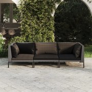 vidaXL 3-delige Loungeset met kussens poly rattan donkergrijs