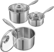 VEVOR Kookpanset (0,95 + 1,89 + 2,84 L) met glazen deksel, Soeppan Groentepan met ergonomische handgreep, Melkkan van roestvrij staal Groentepan, Zilveren multifunctionele pan Vaatwasserbestendig