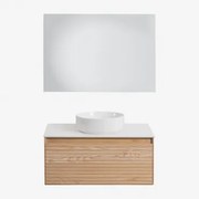 Tedrik Badkamermeubelset In Essenhout Ash Brown & Rond Keramiek Wit Ø40 Cm Lenka & Rechthoekige Led En Anticondens 100x70 Cm Tamsin & Zonder Kraan -