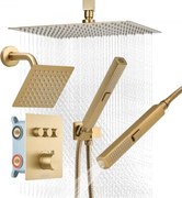 VEVOR Douchesysteemset met 12 inch regendouchesysteem / 6 inch wandmontagekop / 2-in-1 handdouche, draaibare dubbele regenkop (3 functies), messing klep en afwerkingsset, geborsteld goud