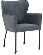 Goossens Excellent Eetkamerstoel Leogang blauw leer met armleuning en met wielen, elegant chic