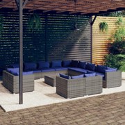 vidaXL 14-delige Loungeset met kussens poly rattan grijs