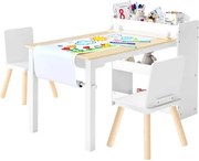 VEVOR Kindertafel met 2 stoelen en 3-laags opbergkast, teken- en schrijftafelset voor lezen, leren, tekenen en schrijven, kinderzitset voor kinderdagverblijf, knutseltafel, speeltafel, bureau, wit