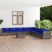 vidaXL 10-delige Loungeset met kussens poly rattan grijs