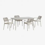 Rechthoekige Tafelset 160 X 90 Cm En 4 Stapelbare Aluminium Eetkamerstoelen Arhiza Groen – Khaki - Sklum