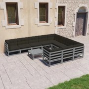 vidaXL 11-delige Loungeset met kussens massief grenenhout grijs