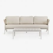 Tuinset Met 3-zitsbank In Bouclé Stof En Rechthoekige Salontafel 120x70 Cm In Sereilen Aluminium Gardenia Wit - Sklum