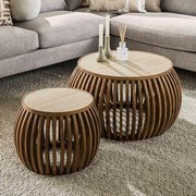 Ronde Salontafelset Travertin En Hout - 75 X 75cm.