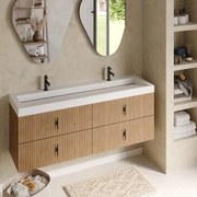 Muebles Estella badmeubel ribbelfront 160cm warm eiken met solid surface wastafel met kraangaten
