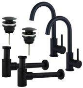 Fortifura Calvi Wastafelkraanset - voor dubbele wastafel - hoge wastafelkraan - draaibare uitloop - klikwaste plug - verlaagde design sifon - Mat zwart 2x SW809347/2x SW696199/2x SW696215
